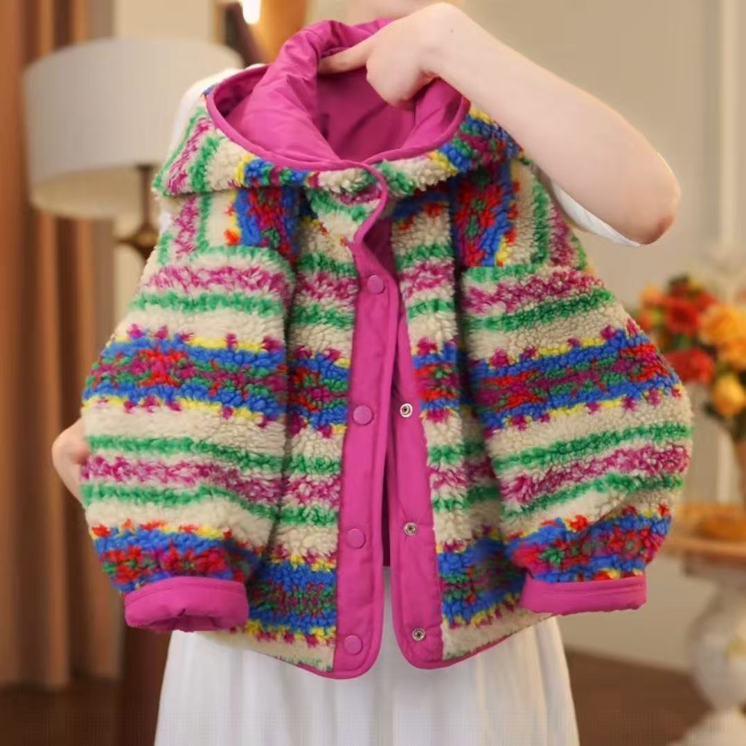 男女童冬季保暖双面穿新款棉服外套女孩加厚毛毛衣女宝羊羔绒棉袄