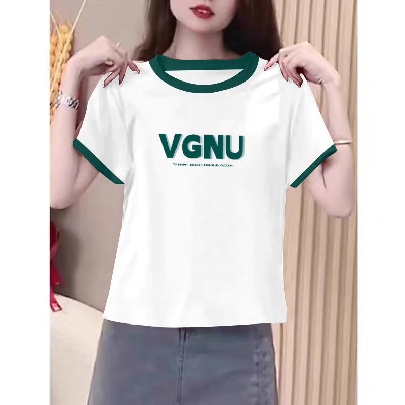 正肩圆领短袖t恤女士夏季洋气字母印花修身半袖撞色圆领小衫上衣