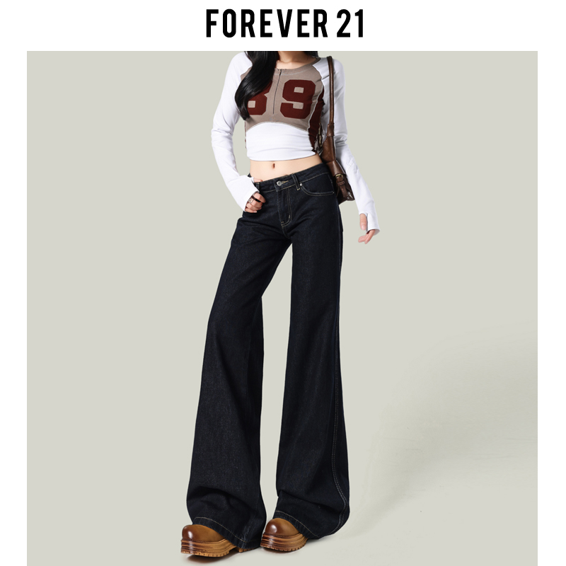Forever 21美式深蓝低腰微喇原色牛仔裤女窄版不贴腿垂感马蹄长裤