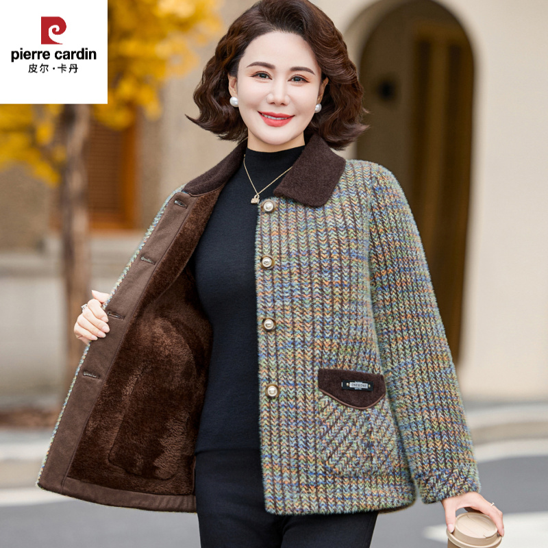 皮尔卡丹小个子妈妈装冬格子加绒加厚休闲气质保暖短外套中老年女