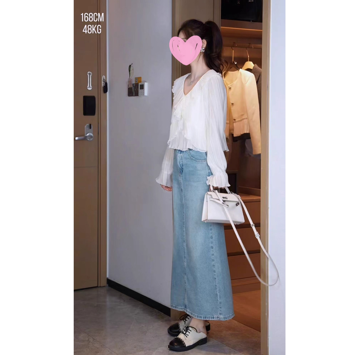 张元一同款女装法式甜美风荷叶边V领雪纺衬衫女初秋洋气白色上衣