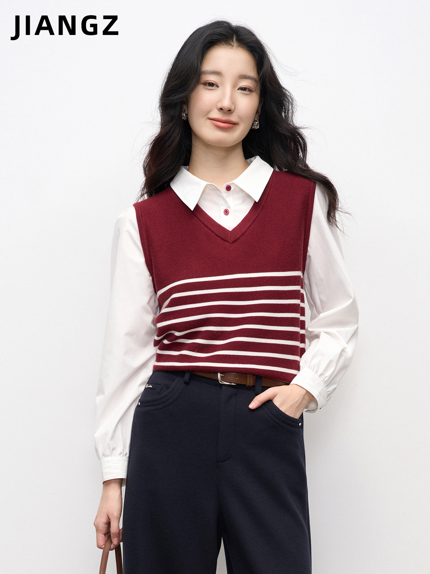 江洲【园玉】秋冬新款羊毛针织拼接假两件条纹衬衫百搭休闲风上衣