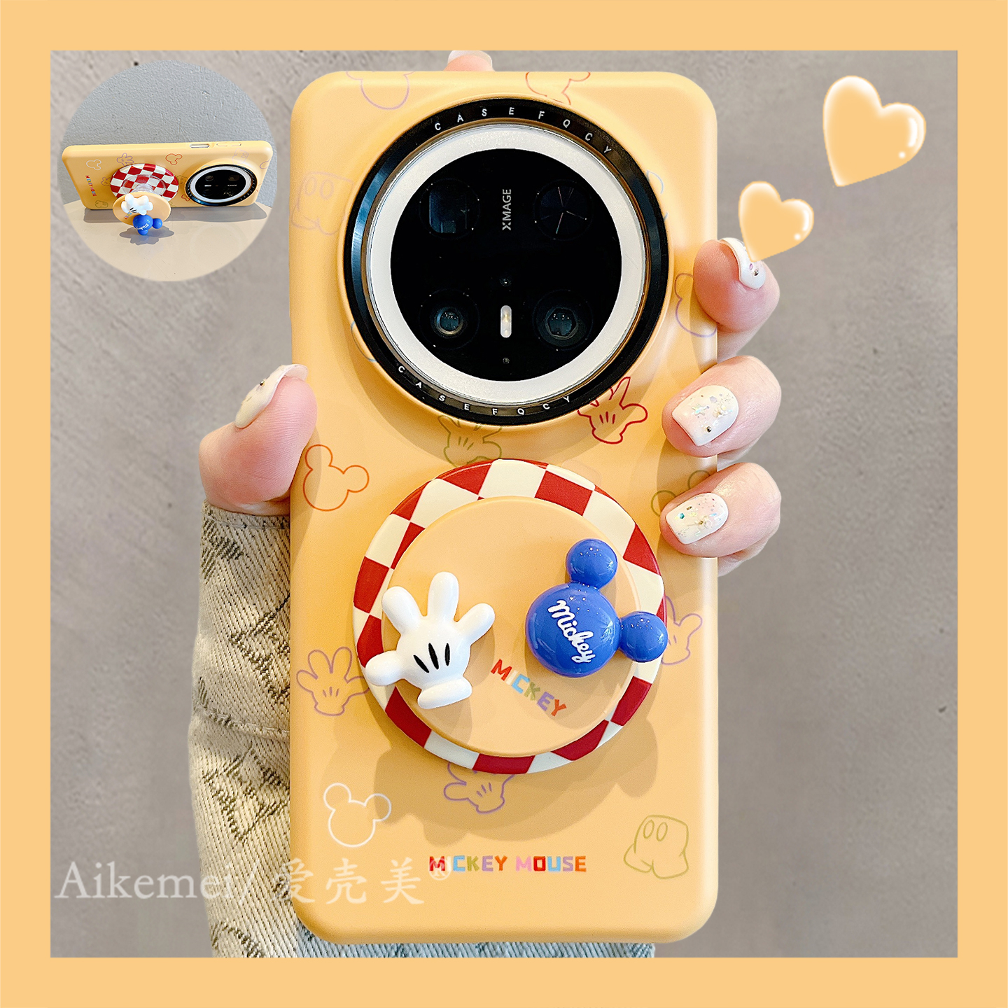 适用华为mate70pro+手机壳菲林姜黄色mate60pro+线条米奇磁吸支架