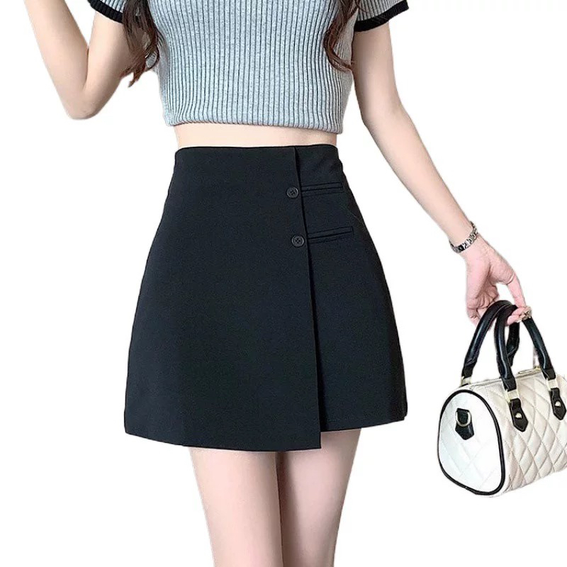 时尚不规则8807西装半身裙高腰显瘦遮胯黑色包臀短裙