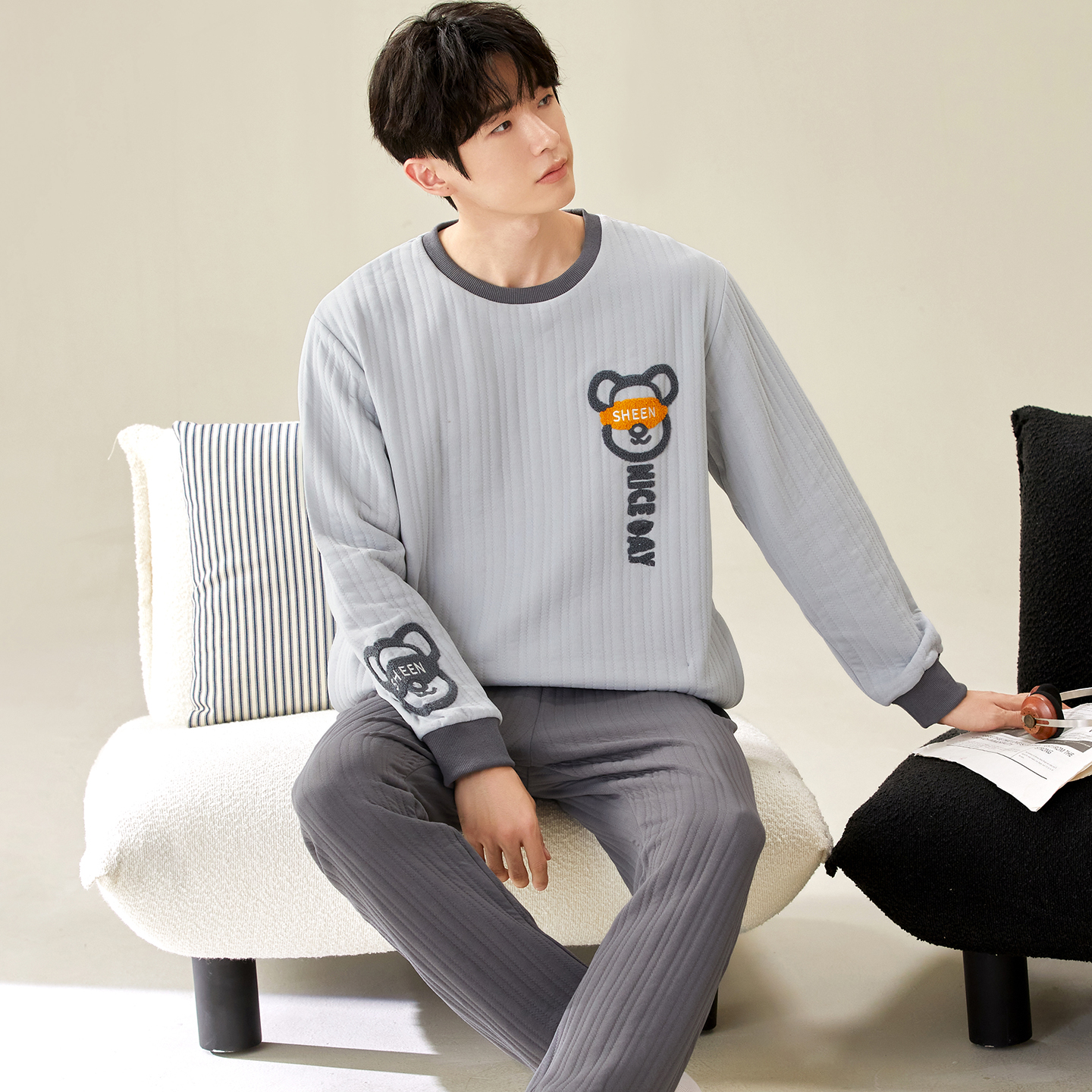 空气棉男士睡衣秋冬季长袖卡通小熊加大码保暖夹层棉家居服套装春