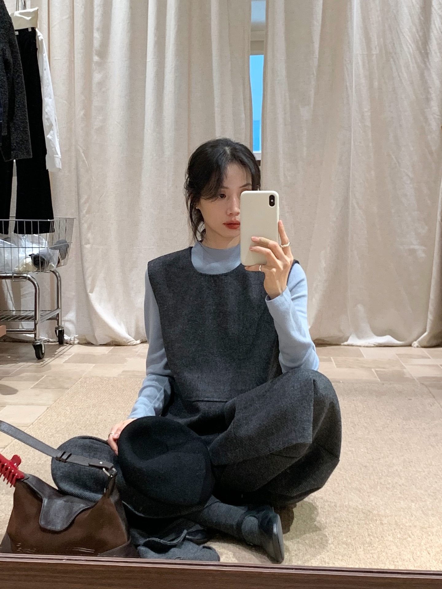 2025秋冬新款韩系穿搭高级感打底衫灰色毛呢马甲阔腿裤气质三件套