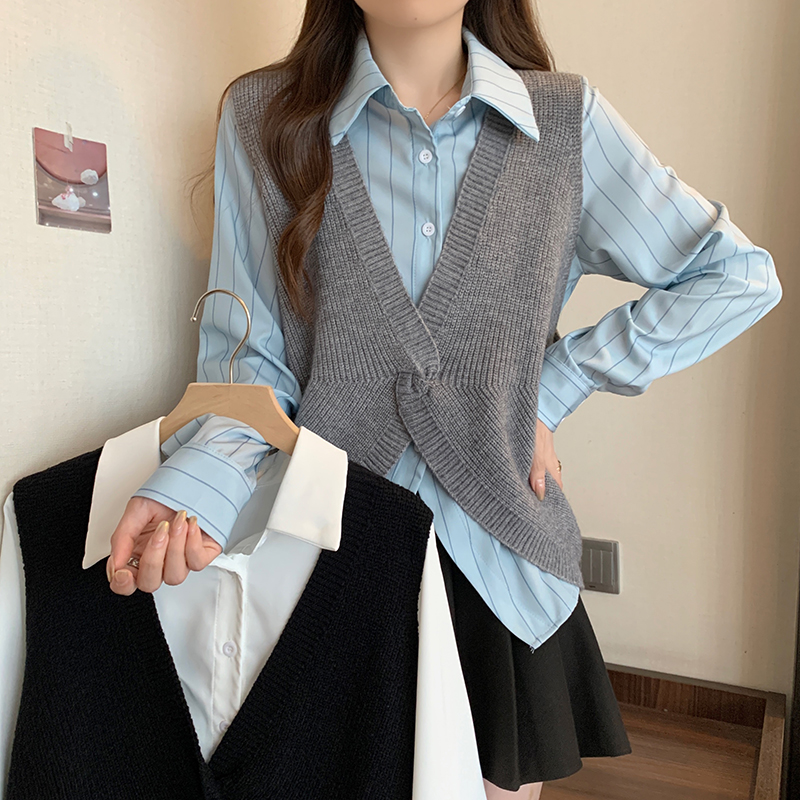 【涵胖胖】清大码女2025秋季时尚百搭衬衫针织马甲套装61527+68035
