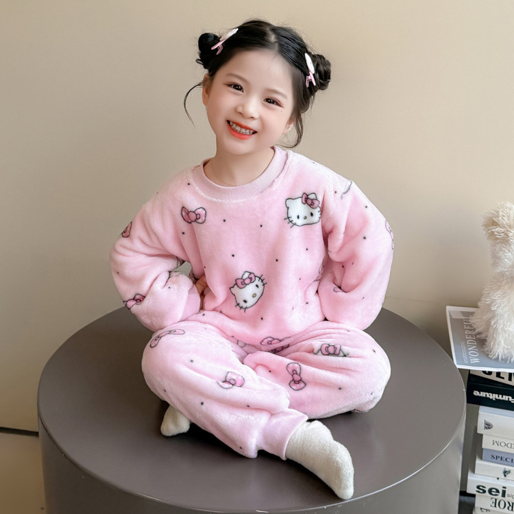 儿童珊瑚绒睡衣女孩秋冬季加厚新款宝宝法兰绒洋气女童家居服套装