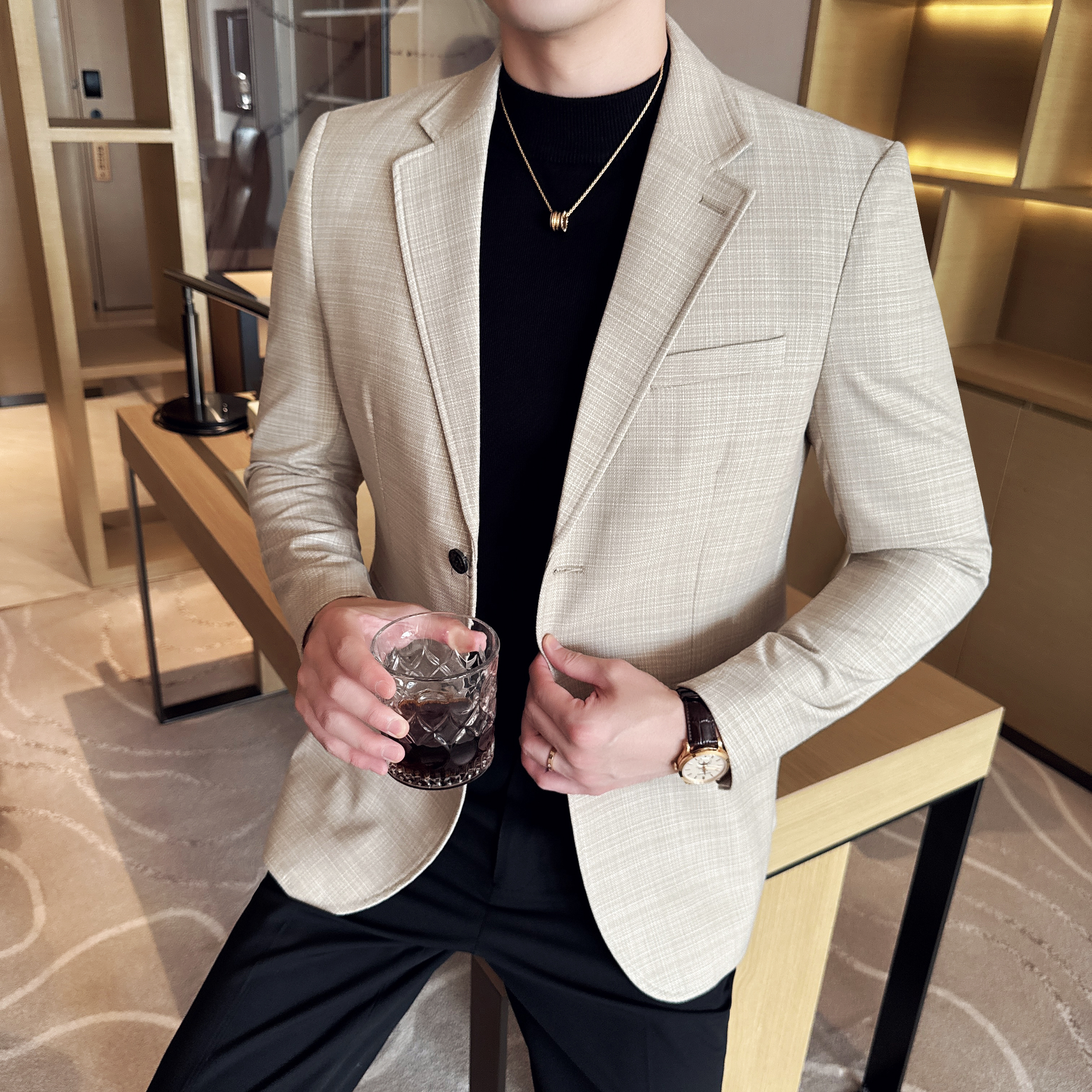 男士韩版修身西服小西装秋冬竹节纹时尚休闲西装外套