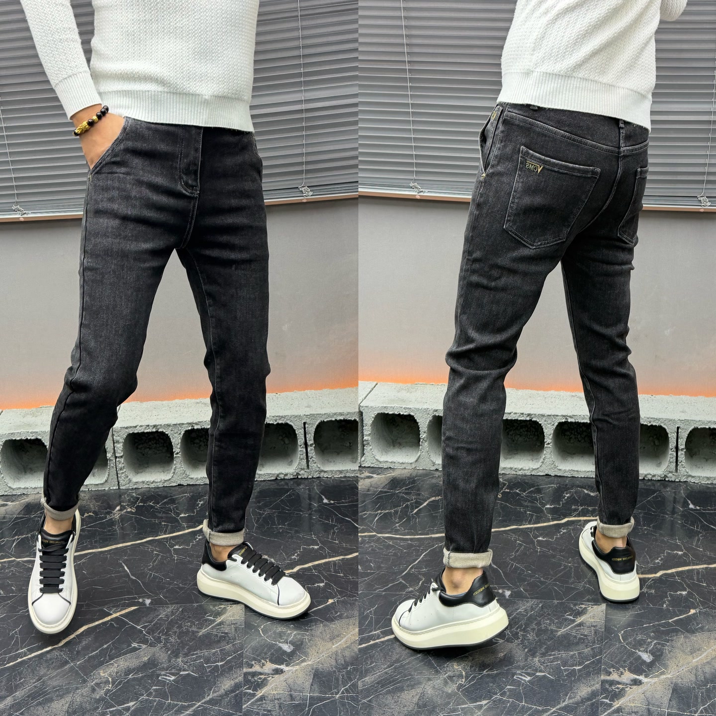 简约修身小脚斜插兜黑灰色牛仔裤男加绒保暖冬季显瘦休闲时尚舒适