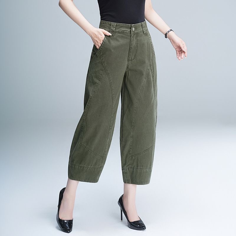 军绿色九分裤阔腿牛仔裤2025春秋新款宽松显瘦拼接高腰休闲裤大码