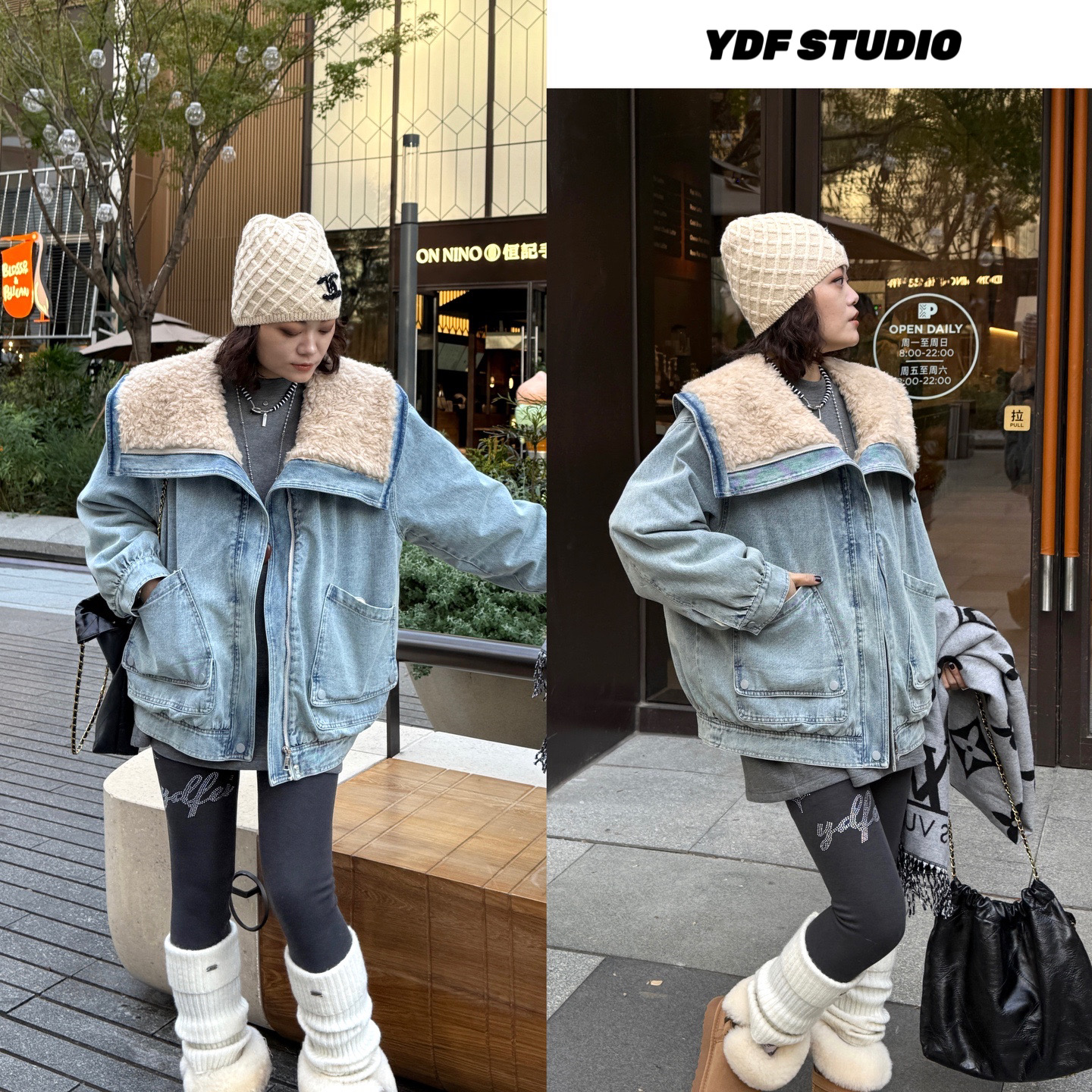 YDFSTUDIO小众【牛仔轨迹】欧货高品重工毛领拼接设计牛仔羽绒外套