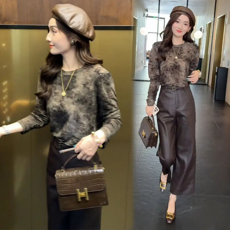 时尚套装女2025秋季新款时髦洋气扎染长袖打底衫皮裤阔腿裤两件套