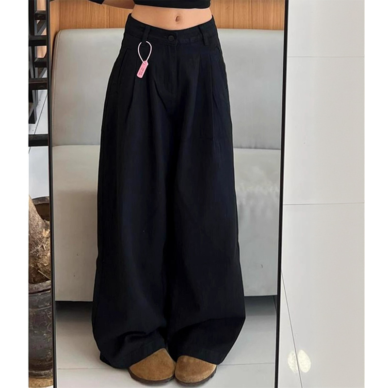 高个子裤子黑色褶皱阔腿牛仔裤女高腰百搭宽松垂感直筒拖地裤2025