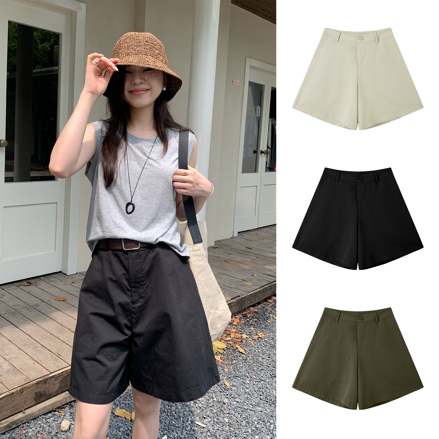 Miss sumey3858自制夏季女款纯色百搭气质短裤女休闲宽松五分裤