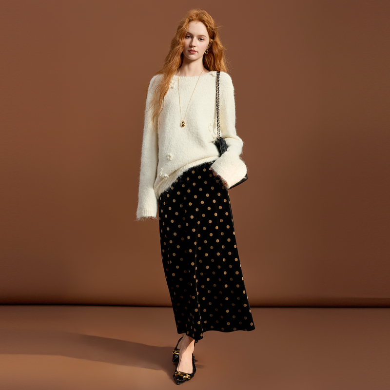 三彩2025冬季新款波点丝绒半身裙A字裙长裙复古优雅M