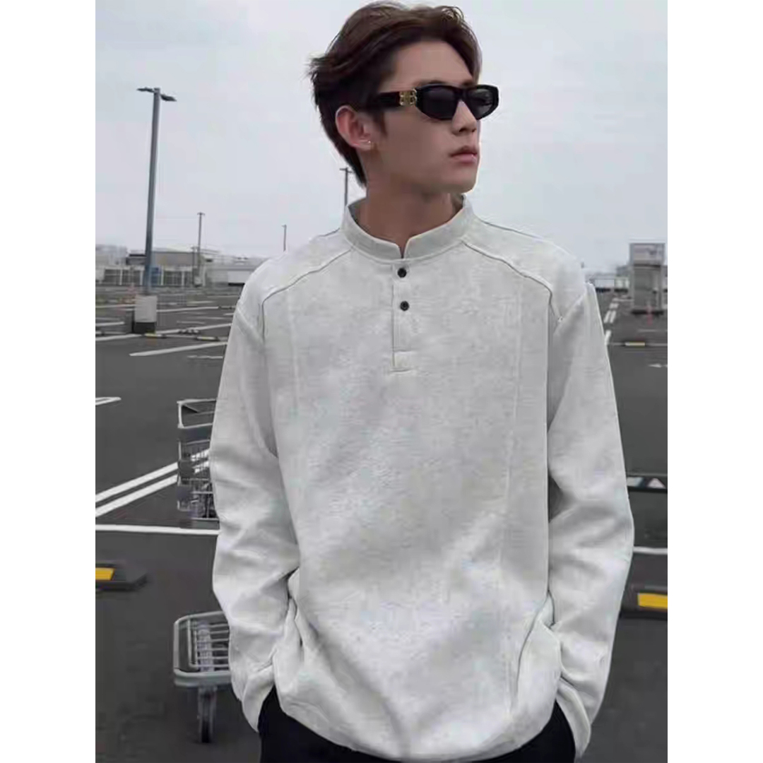 【帝韵】美式亨利领长袖T恤男秋季穿搭新款情侣解构正肩拼接上衣