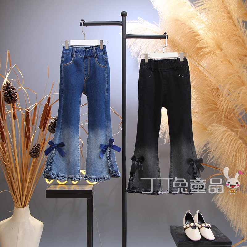 女童秋季牛仔长裤高腰蝴蝶结小女孩设计感喇叭裤开叉时髦百搭裤子