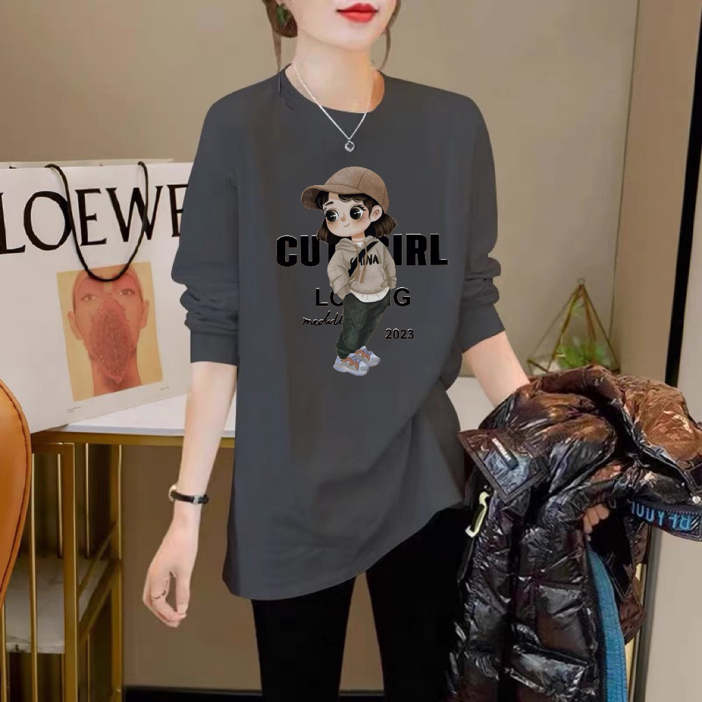 春秋新上衣宽松中长款圆领纯棉大码遮屁股小个子夏季长袖t恤女ins