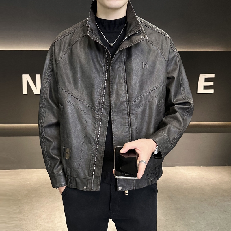 美式复古工装皮衣加绒新款男士加绒潮牌青年PU皮夹克帅气时尚上衣