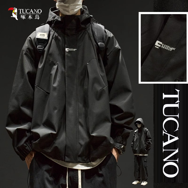 啄木鸟冲锋衣男款防风外套男生秋冬季户外登山防水连帽夹克棉服