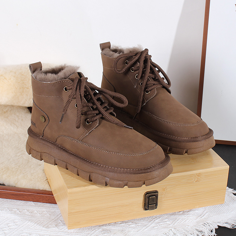 防水皮面+羊皮毛一体！TG-9818 男士加厚雪地靴厚底系带加绒加厚