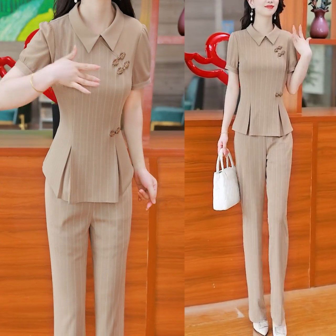 2025夏季新款气质显瘦国风盘扣条纹短袖上衣微喇叭裤休闲两件套装