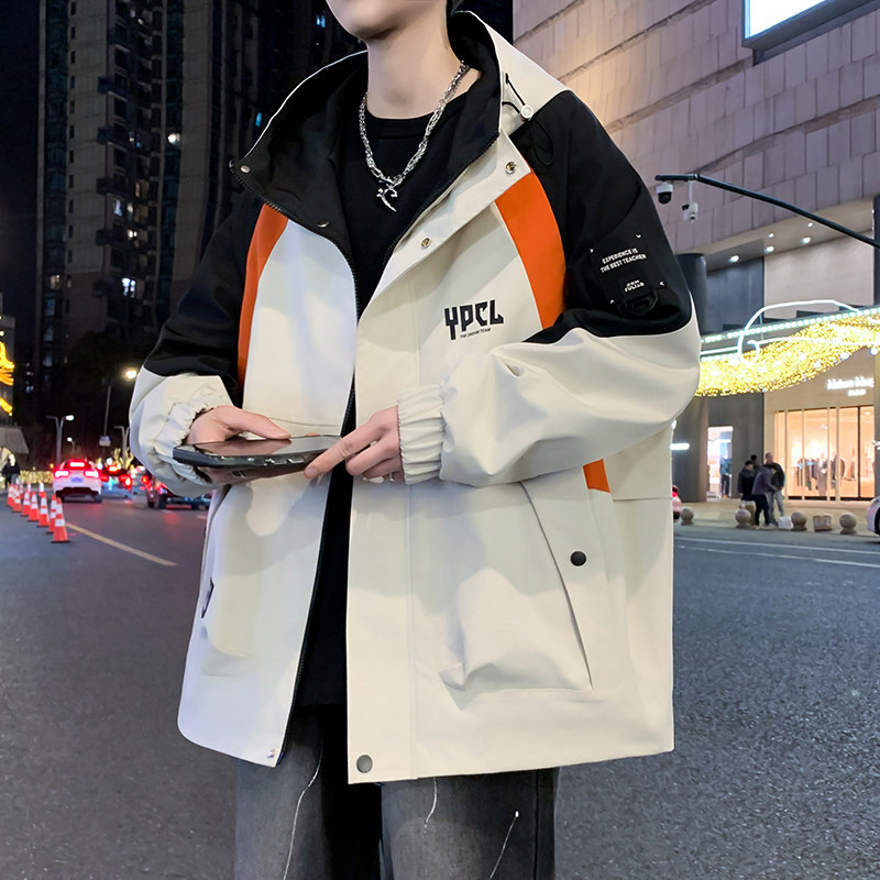 青少年夹克学生冲锋衣秋冬季男士潮流宽松外套男连帽加绒加厚保暖