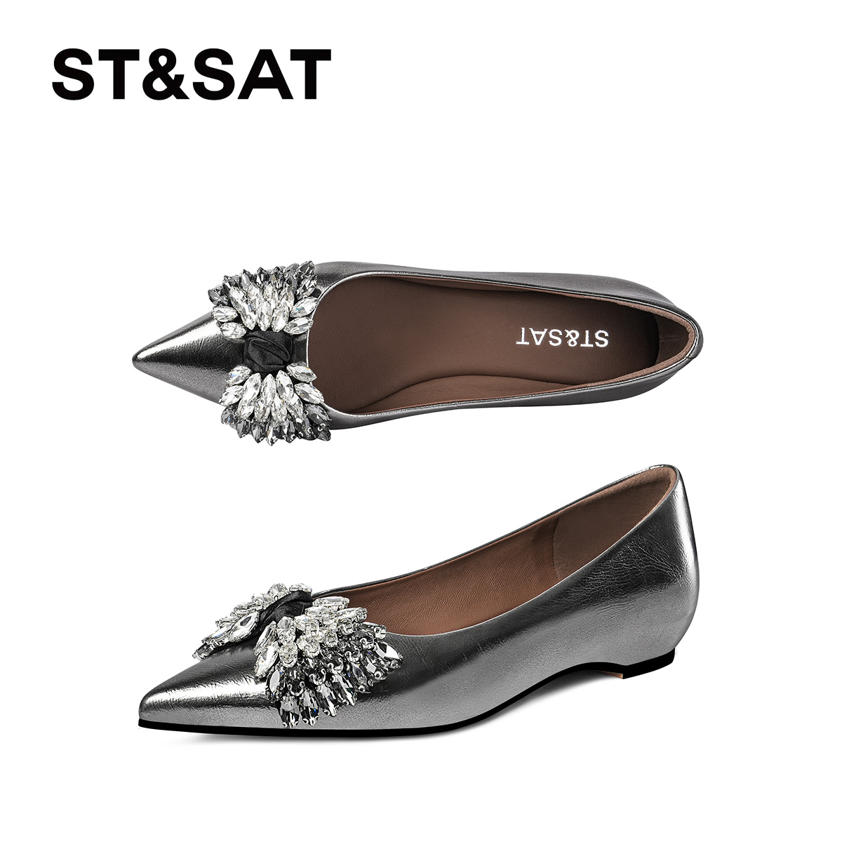 St&Sat/星期六蝴蝶结单鞋秋季低跟女鞋浅口尖头水钻浅口玛丽珍鞋