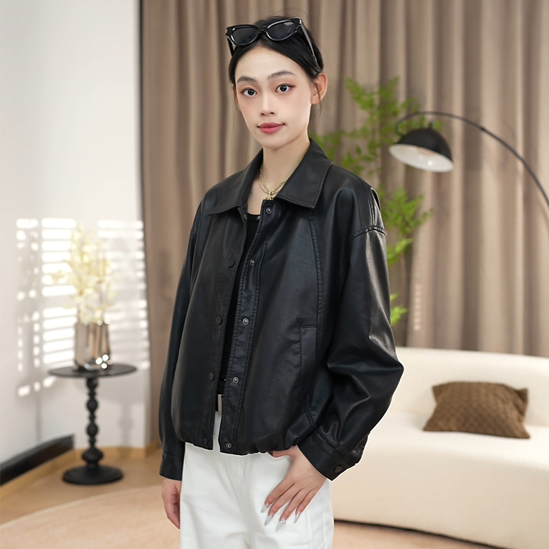 2025皮衣女外套翻领简约皮夹克外套显瘦秋冬短款百搭翻领