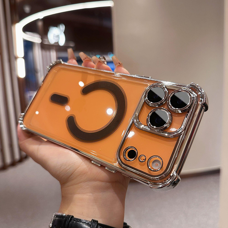 适用苹果17promax手机壳透明电镀气囊防摔16pro无线磁吸15保护套