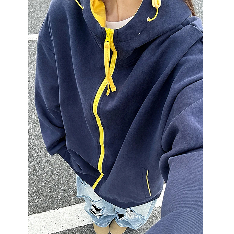 藏青色连帽开衫卫衣男款秋季小众设计感拼接美式cleanfit情侣外套