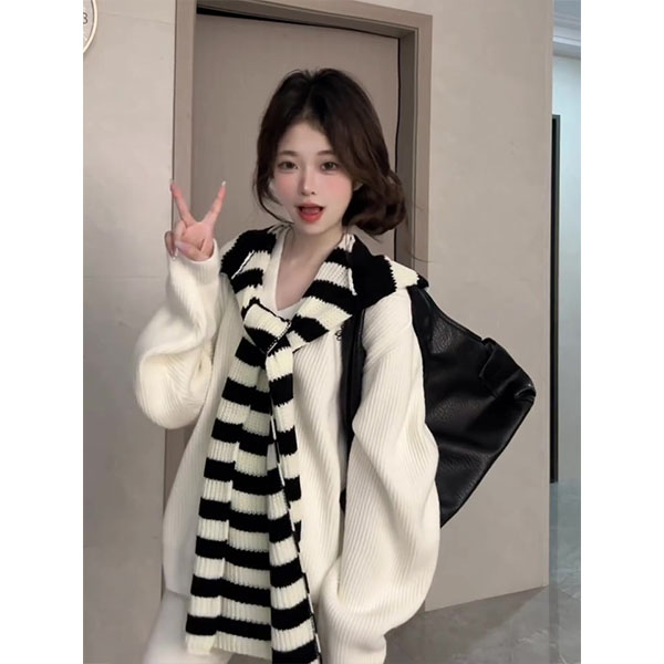 韩系撞色披肩针织上衣套装女秋季新款复古休闲宽松微喇长裤两件套