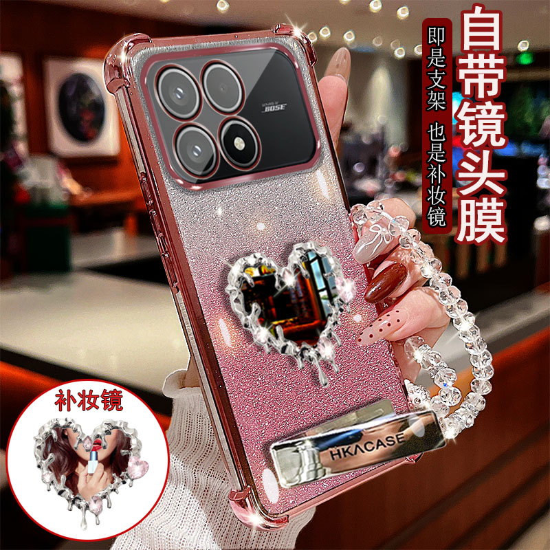 适用红米k90手机壳桌面支架爱心镜子防摔保护套镜头全包镶钻女款
