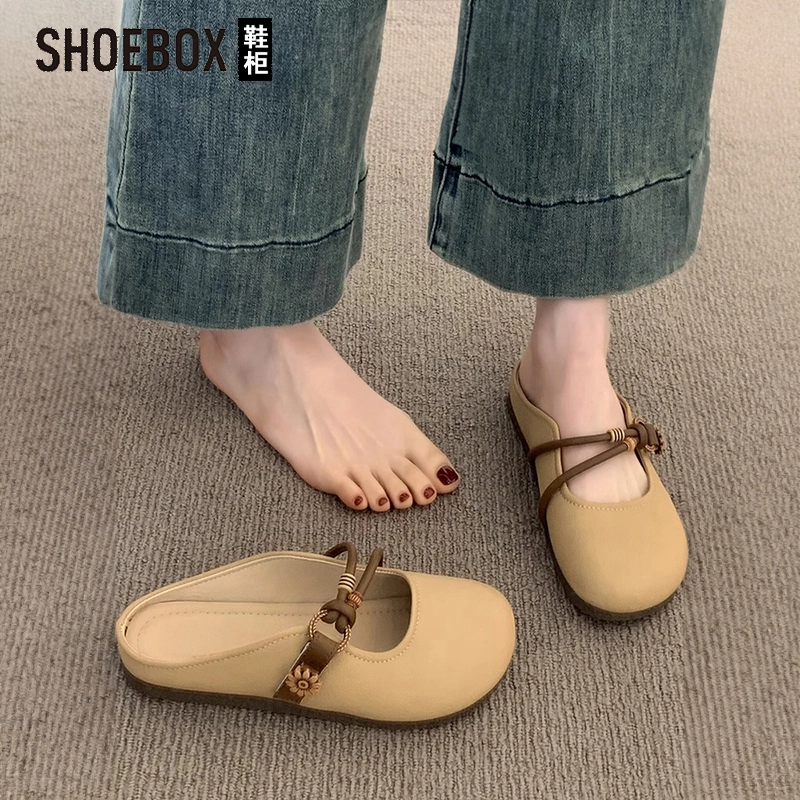 SHOEBOX/鞋柜包头半拖鞋女夏外穿2025新款平底半托单鞋法式凉鞋