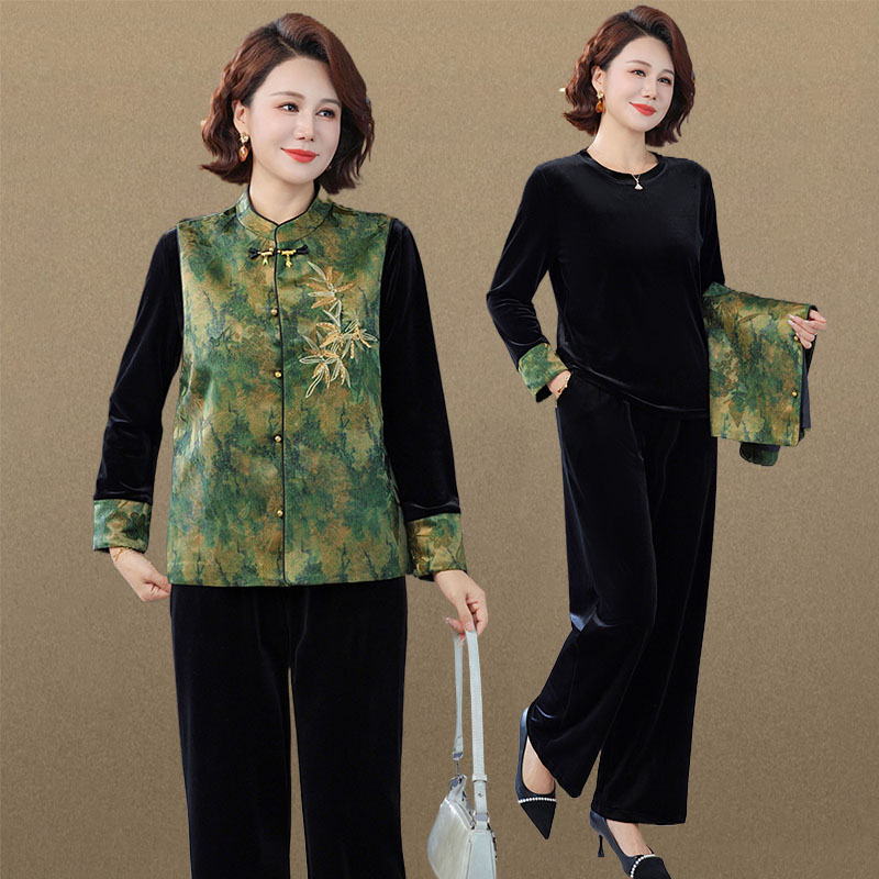 新中式妈妈秋装套装国风马甲外套洋气中老年春秋金丝绒小衫女