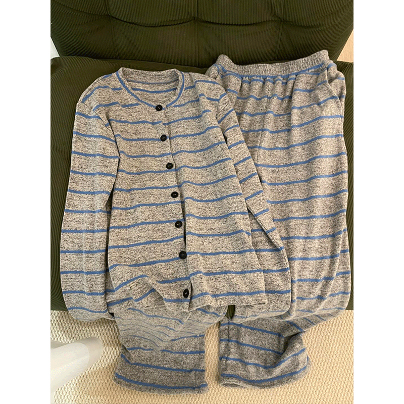 韩版ins简约条纹德绒睡衣女春秋季新款保暖开衫家居服套装可外穿