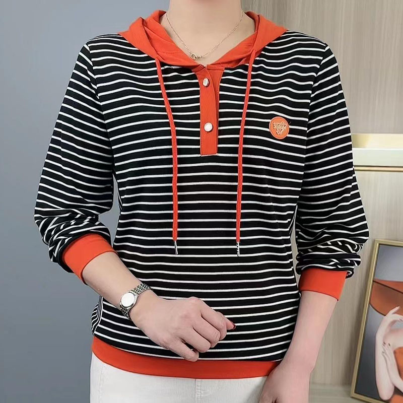 哥弟阿玛施正品春季新款时尚休闲百搭条纹宽松长袖上衣女士连帽套