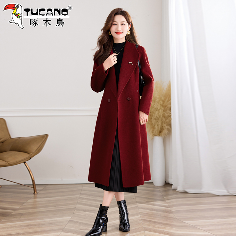 啄木鸟高端双面羊绒大衣女中长款2025新款秋冬修身显瘦羊毛呢外套