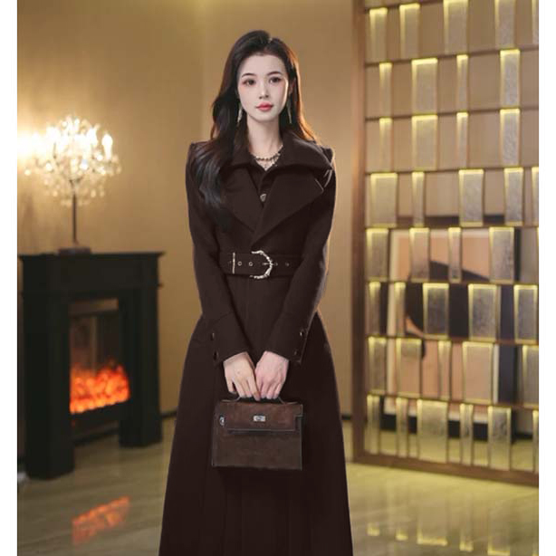 【AN】【有里布】【送腰带】翻领长袖显瘦收腰中长款连衣裙HY0139