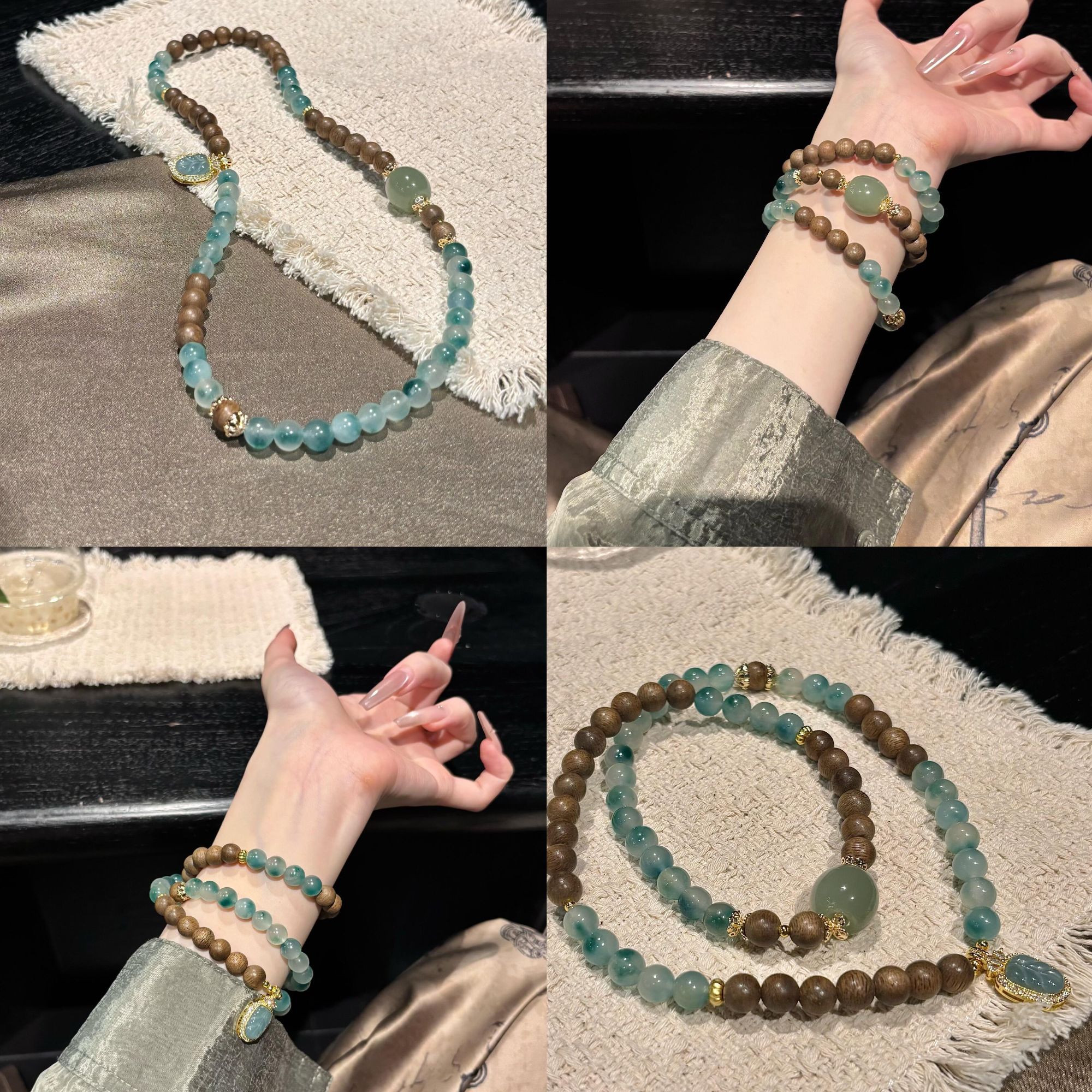 铜合金手链 【观澜山】中式檀木多圈手链设计感东方美学高级感手链