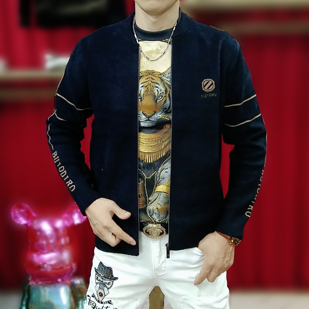 冬季新款男士提花拉链针织开衫韩版休闲帅气百搭时尚潮流男装外套