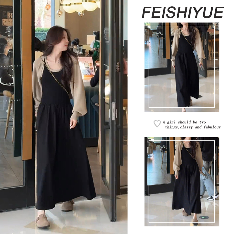 早秋时尚穿搭一整套女2025新款针织开衫披肩外套吊带连衣裙两件套