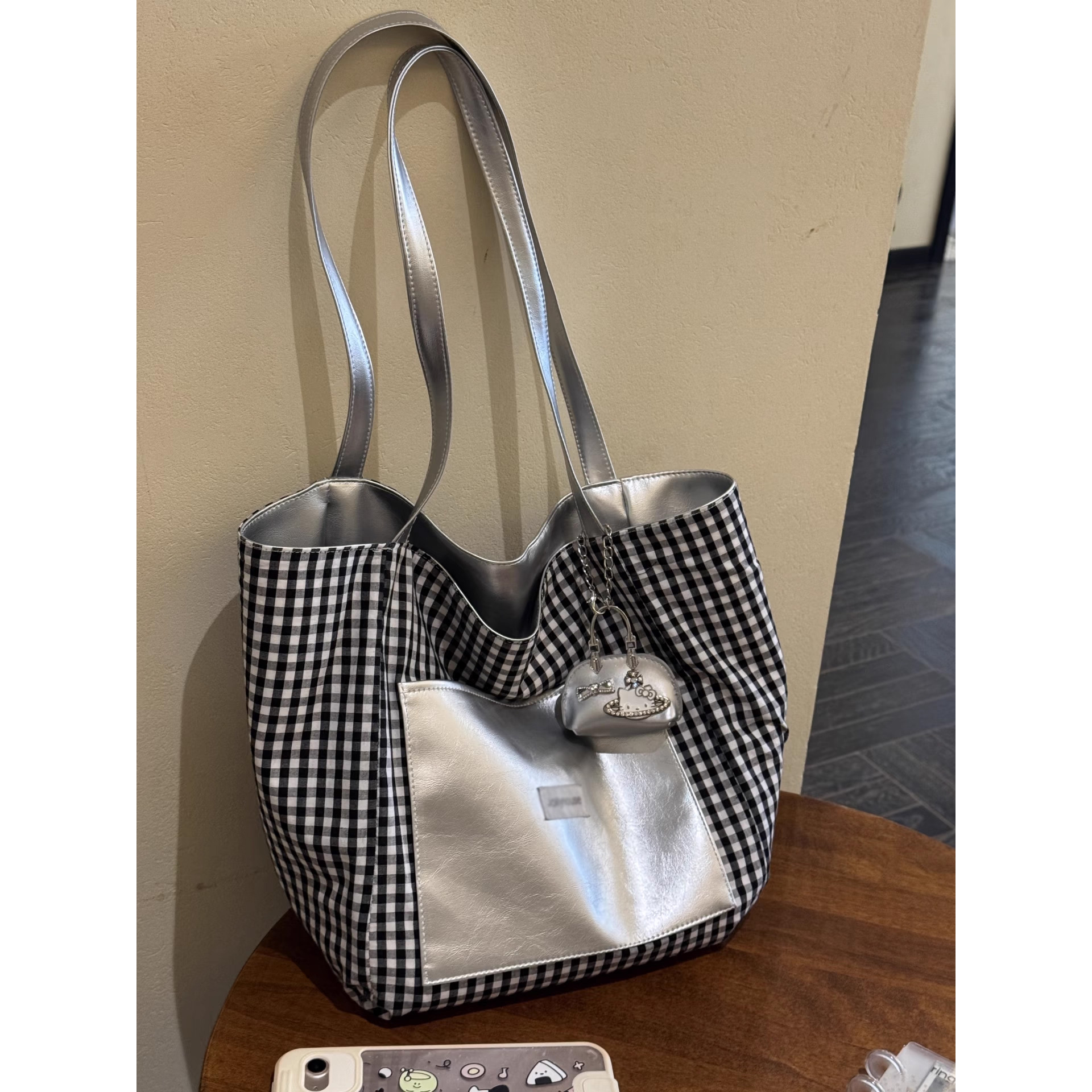 正反双面可用单肩包女2025新款pu皮拼接格子帆布托特包通勤电脑包