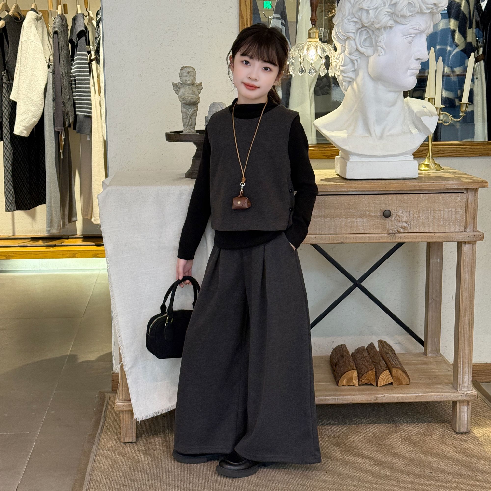 女童韩系加厚毛呢马甲三件套高级感穿搭套装2025新款儿童秋冬洋气