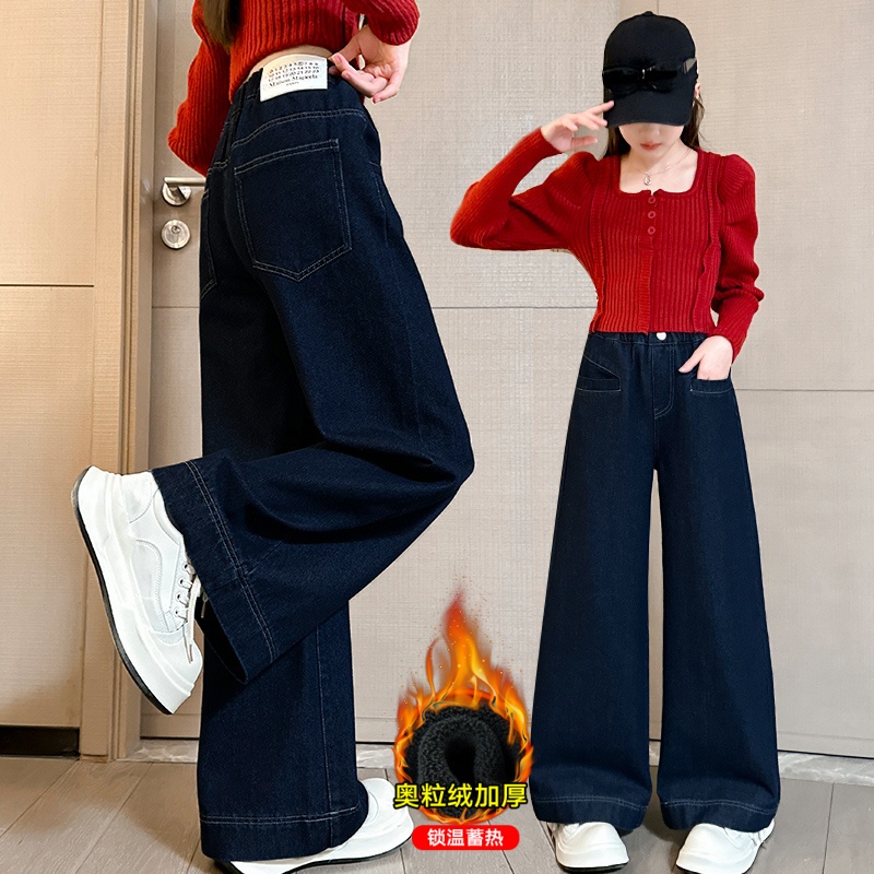 女童牛仔裤秋冬2025新款休闲直筒加绒阔腿裤大童宽松冬季儿童裤子