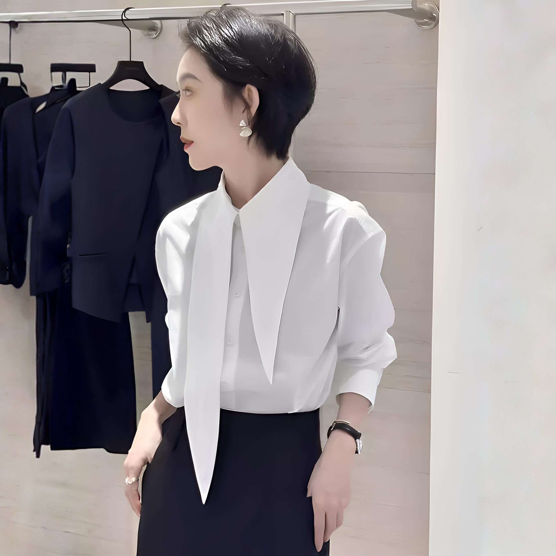 设计感宽松飘带白色长袖衬衫女士通勤法式衬衣显瘦气质百搭小上衣
