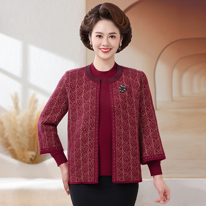 45至50岁微胖妈妈装秋冬针织两件套加绒外套中老年女冬季保暖开衫