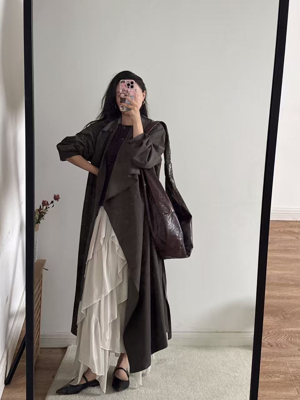 秋季砂洗不规则飘带领简约宽松廓形风衣连衣裙