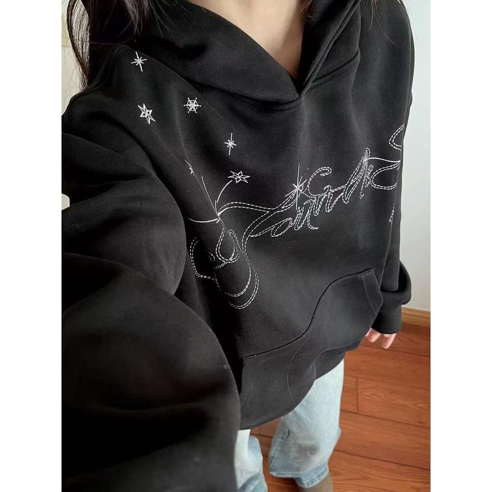 美式高街银线星星刺绣连帽卫衣女春秋薄款宽松潮牌情侣装上衣外套